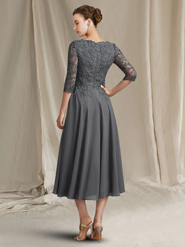 A-Linien-Kleid für die Brautmutter, Übergröße, elegant, V-Ausschnitt, knielang, Chiffon, Spitze, 3/4-Ärmel mit Falten, Perlenapplikationen